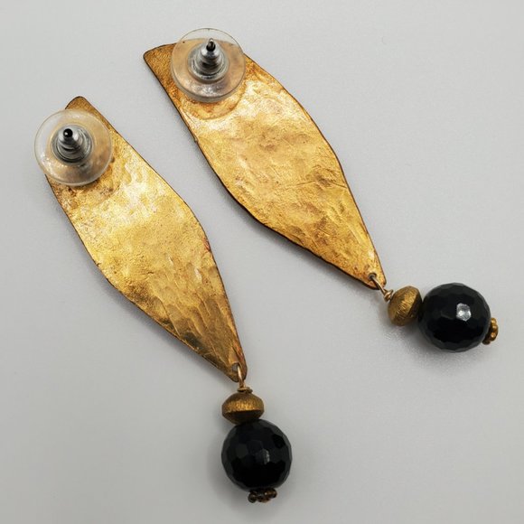 Hand-Crafted Artisan Earrings - Burnished Gold/Silver Tone - Black Dangle - Picture 6 of 8